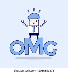 Businessman surprise stand on oh my god word. Cartoon character thin line style vector.