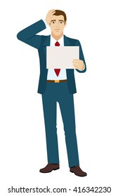 Businessman surprised. Businessman holding a paper. Vector illustration.