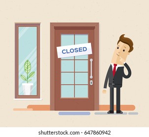 Businessman surprised standing in front of a closed office. Sign ?losed on the front door. Vector, illustration, flat