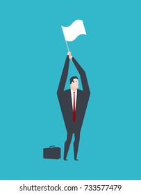 Businessman surrender hands up and white flag. Business life. Vector illustration. 