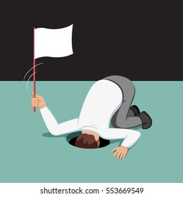 Businessman Surrender Show The White Flag Give Up, Vector Illustration Cartoon