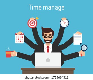 Businessman surrounded by hands with office things. Time management planning and control concept. Efficient use of time for implementation. vector illustration in flat design.