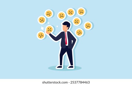 A businessman surrounded by sad emoticons, holding one of them, illustration of awareness regarding negative market attention on the business  