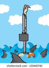 Businessman surrounded by sharks