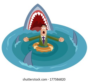businessman surrounded by sharks, Crisis Concept
