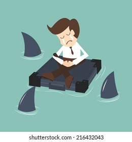 Businessman surrounded by sharks, Crisis Concept