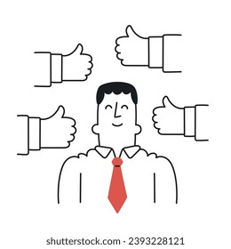 Businessman surrounded by thumb up signs. Positive feedback, job promotion, good work.Outline, linear, thin line, doodle art. Simple style with editable stroke.