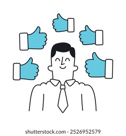 Businessman Surrounded by Thumbs Up Icons. Doodle style with an editable strike.