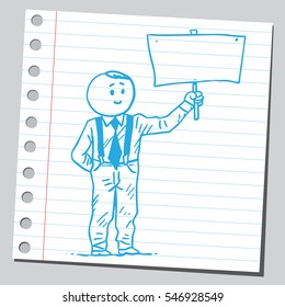 Businessman with suspenders holding billboard