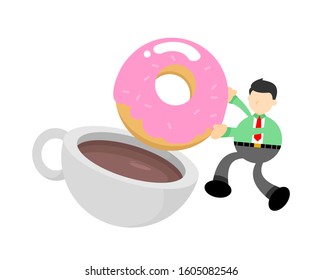businessman and sweet doughnut drink coffee cup cartoon doodle flat design style vector illustration