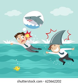 Businessman Swimming Avoiding Which Man Shark Fin Costume Attacks, Vector Illustration Cartoon