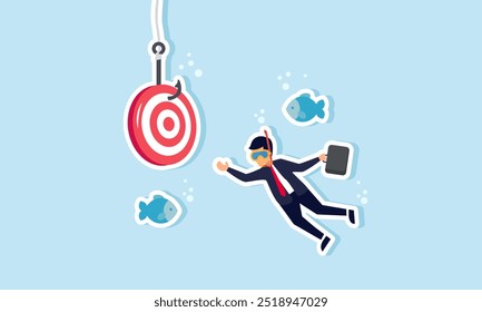 A businessman swimming with fish trying to catch a hook with a target board, illustration of in depth research into the company planned targets