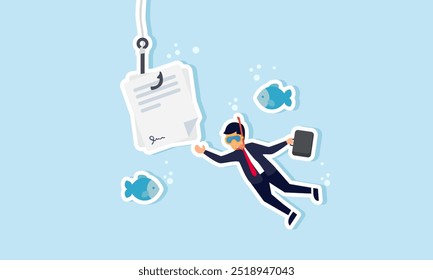 A businessman swimming with fish trying to catch a hook with a contract, illustration of in depth research into a new project agreement