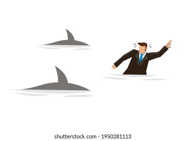 Businessman swimming panic avoiding shark attacks. Concept of corporate risks. Business concept flat vector illustration isolated in white background.