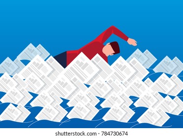 Businessman swimming in pile of documents