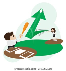 Businessman swinging a baseball bat with a graph arrow ,business concept
