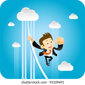 Businessman Swinging From Cloud Cable