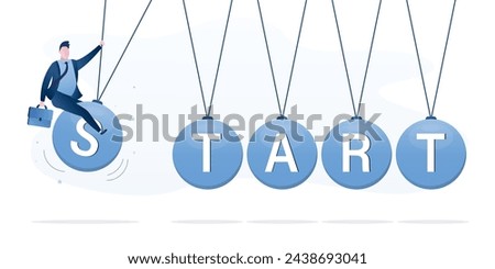 Businessman swinging on ball and launching pendulum with inscription - start. Startup or new business project launch, introducing innovations to generate additional profit, to achieve success. vector