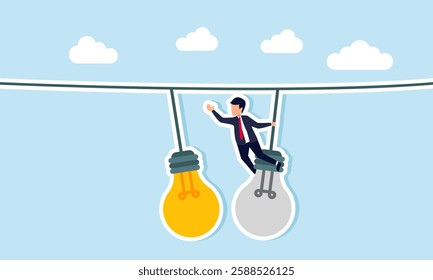 A businessman swings from a broken lamp to a lit lamp, illustration of shifting to another business idea and innovation that is more creative and relevant to the growing market