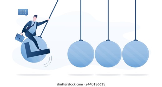 Businessman swings completed checkbox to impact pendulum. Checklist, to do list to finish work, task completion or project management, plan or work progress checklist, checkbox or workflow. vector