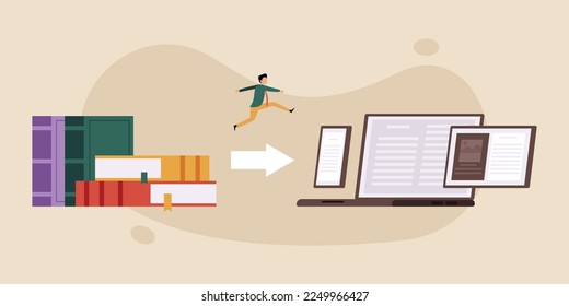 Businessman switching to digital technology from paper 2d vector illustration concept for banner, website, illustration, landing page, flyer, etc