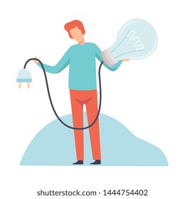 Businessman Switching on Light Bulb, Brainstorming, Innovation, Creativie Thinking Concept Vector Illustration