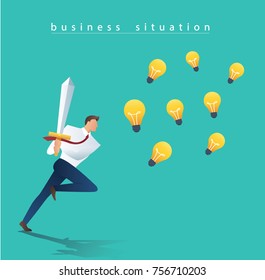 businessman with sword attracting light bulbs vector illustration