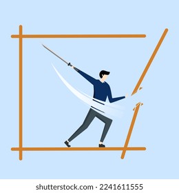 businessman with sword cutting boundary box to get out of boundary zone. Pushing limits challenging oneself to overcome limits, effort and strength to cross limits, attitude towards success.