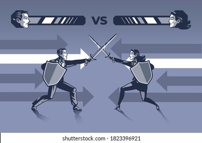 Businessman Sword Fights Against Business Woman in a Duel Ala Video Game. Business Illustration Concept of Gender Competition in Business World