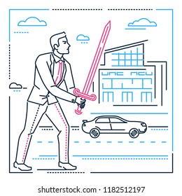 Businessman with a sword - line design style illustration on white urban background. Image of a young smart employee, manager ready to fight with problems, difficulties. Silhouettes of buildings, cars