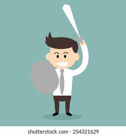 Businessman with sword and shield