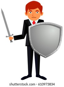 Businessman with sword and shield vector icon