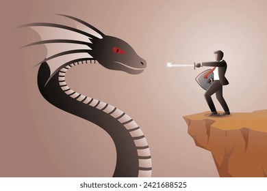 Hombre de negocios con espada y escudo contra gran serpiente monstruo. Ilustración vectorial del concepto de negocio