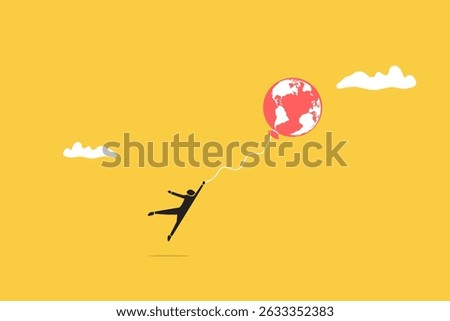 Businessman with the symbol of the world map floats higher. concept of inflation, interest rate, floating interest, and economic crisis