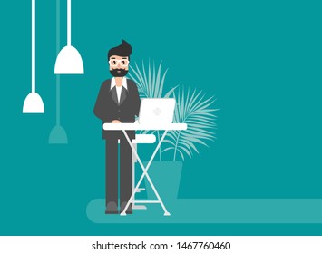 Businessman with table and laptop. creative office work. flat vector illustration turquoise background. outsourcer with computer. free workplace, online job