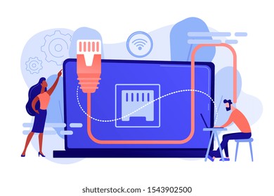 Businessman at table using laptop with ethernet connection. Ethernet connection, LAN connection technology, ethernet network system concept. Pinkish coral bluevector isolated illustration