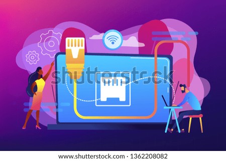 Businessman at table using laptop with ethernet connection. Ethernet connection, LAN connection technology, ethernet network system concept. Bright vibrant violet vector isolated illustration
