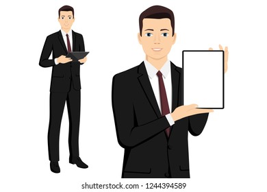 A businessman with a tablet computer. Isolated on white. Vector illustration