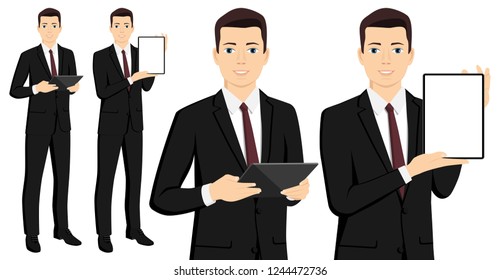 A businessman with a tablet computer. Isolated on white. Vector illustration