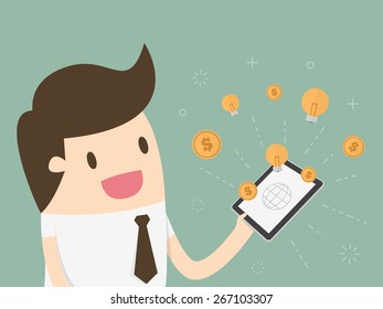 Businessman with tablet computer - money and idea appearing from the screen