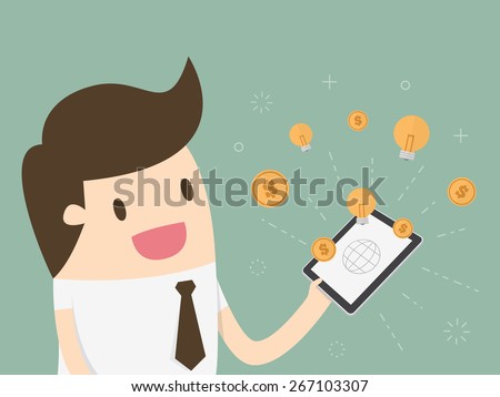Businessman with tablet computer - money and idea appearing from the screen