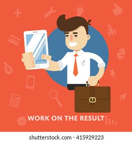 Businessman with tablet computer works on result business concept flat abstract isolated vector illustration