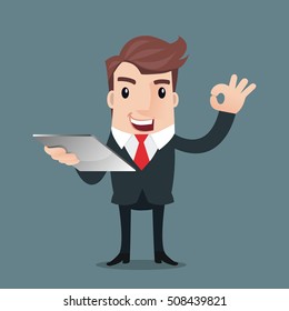 Businessman with Tablet Gesturing OK and Winking.-Vector illustration