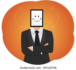 Businessman with tablet pc instead of head and smiley on the touch screen