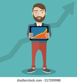 Businessman with a tablet showing task and analytic, flat modern design.