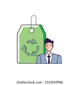 businessman and tag commercial with recycling arrows vector illustration design