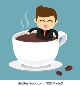 Businessman take a bath in cup of hot coffee
