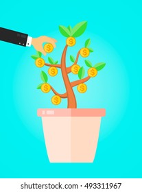 businessman take a coin from money tree. financial income business concept. Vector flat illustration
