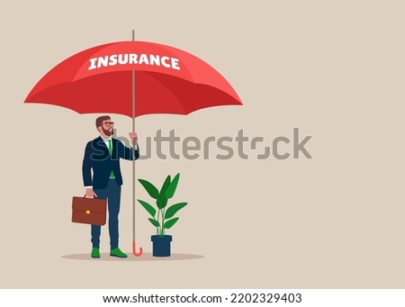 Businessman take cover under insurance umbrella. Flat vector illustration.