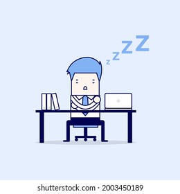Businessman take a nap at their desks in the office. Cartoon character thin line style vector.